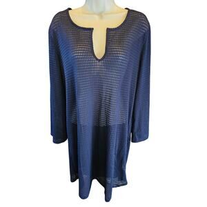 Ellen Weaver XL navy blue mesh cover up tunic dress EUC long sleeve beach swim
